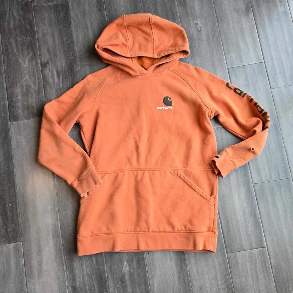 Carhartt Kids Orange Logo Sleeve Pullover Hoodie Sweatshirt Size Large 14/16
